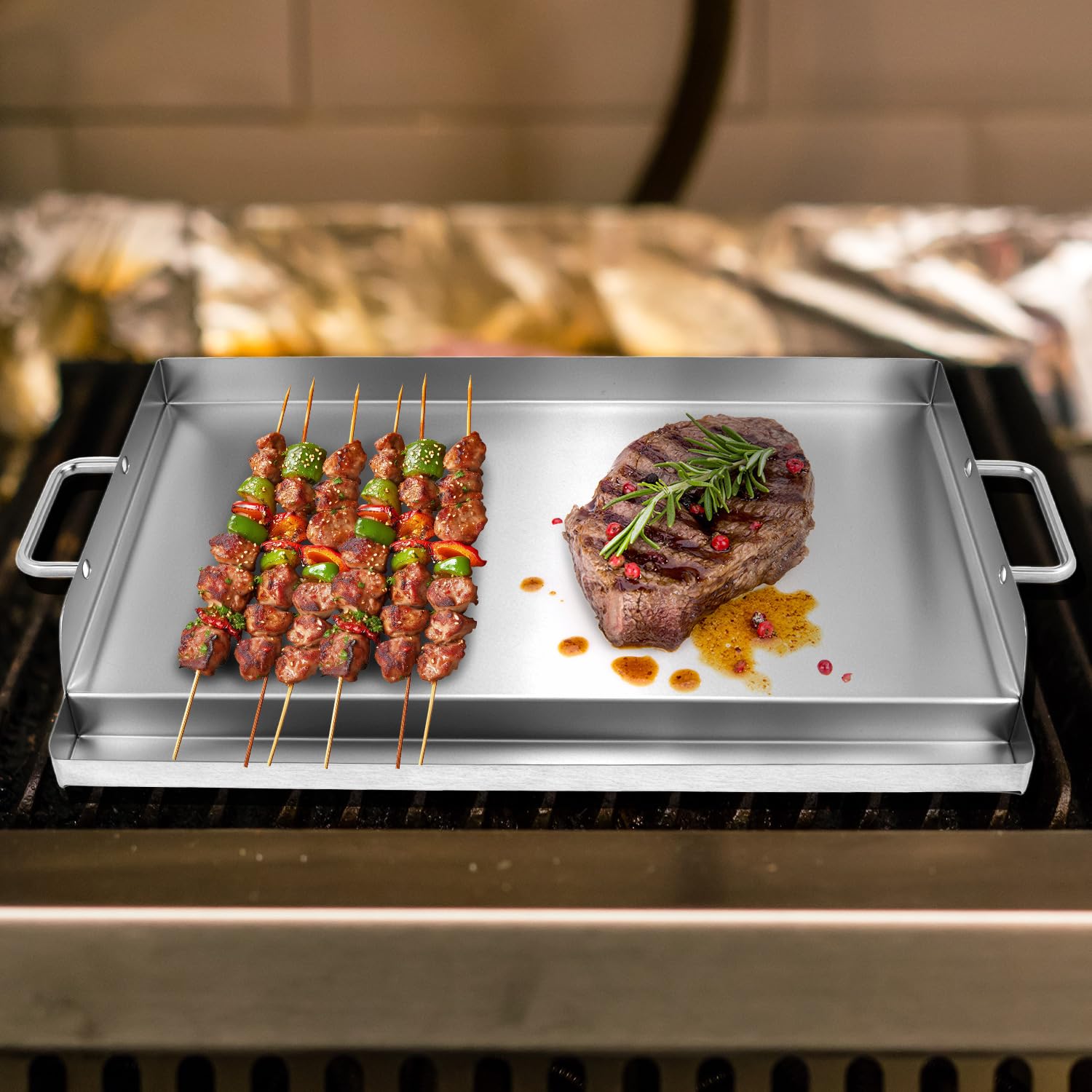 QWORK Prostokątna plancha do grillowania, płyta grillowa ze stali nierdzewnej 304 z korytem smarowym, do większości grilli gazowych i grillów na węgiel drzewny