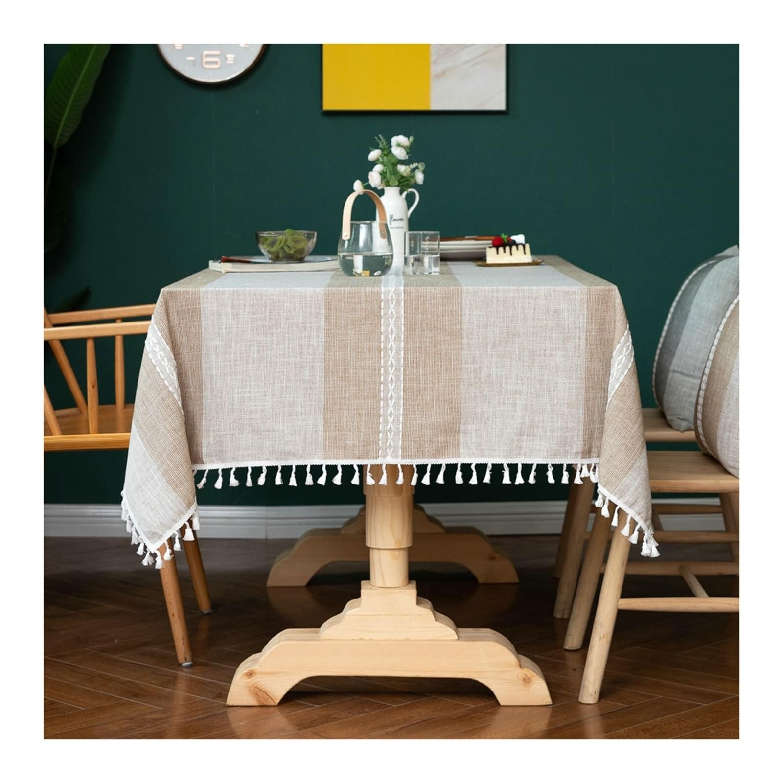 Nappe en coton et lin lavable - Motif à trois bandes - Marron - 140 x 200 cm