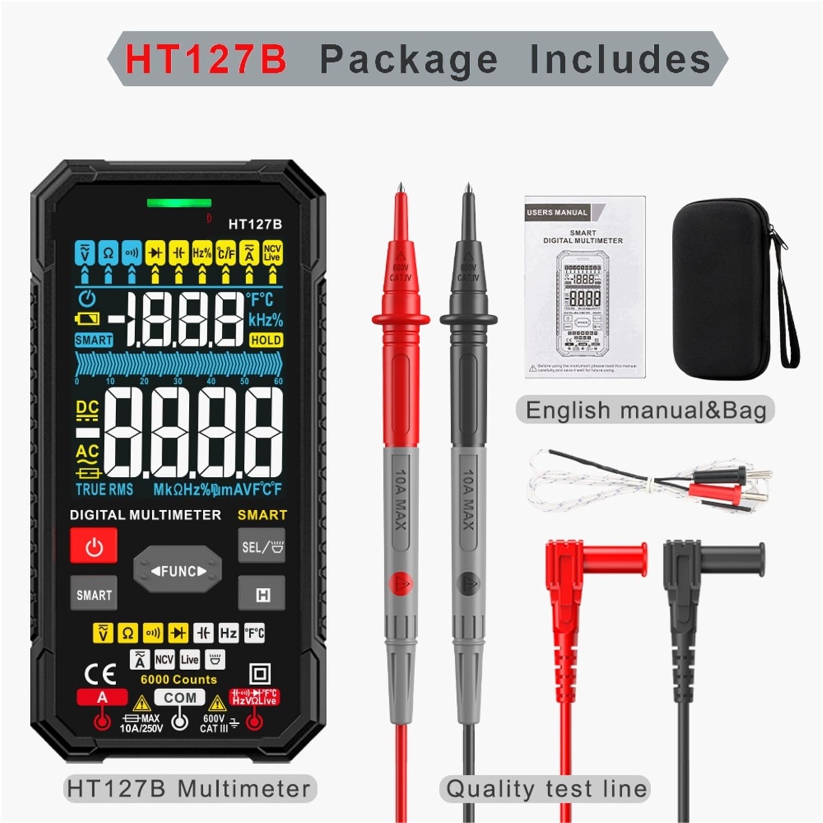 1 pz HT126 Multimetro digitale professionale AC TRMS Tensione Corrente Ohm 60 mF Hz Tester misuratore elettricista(HT127B)