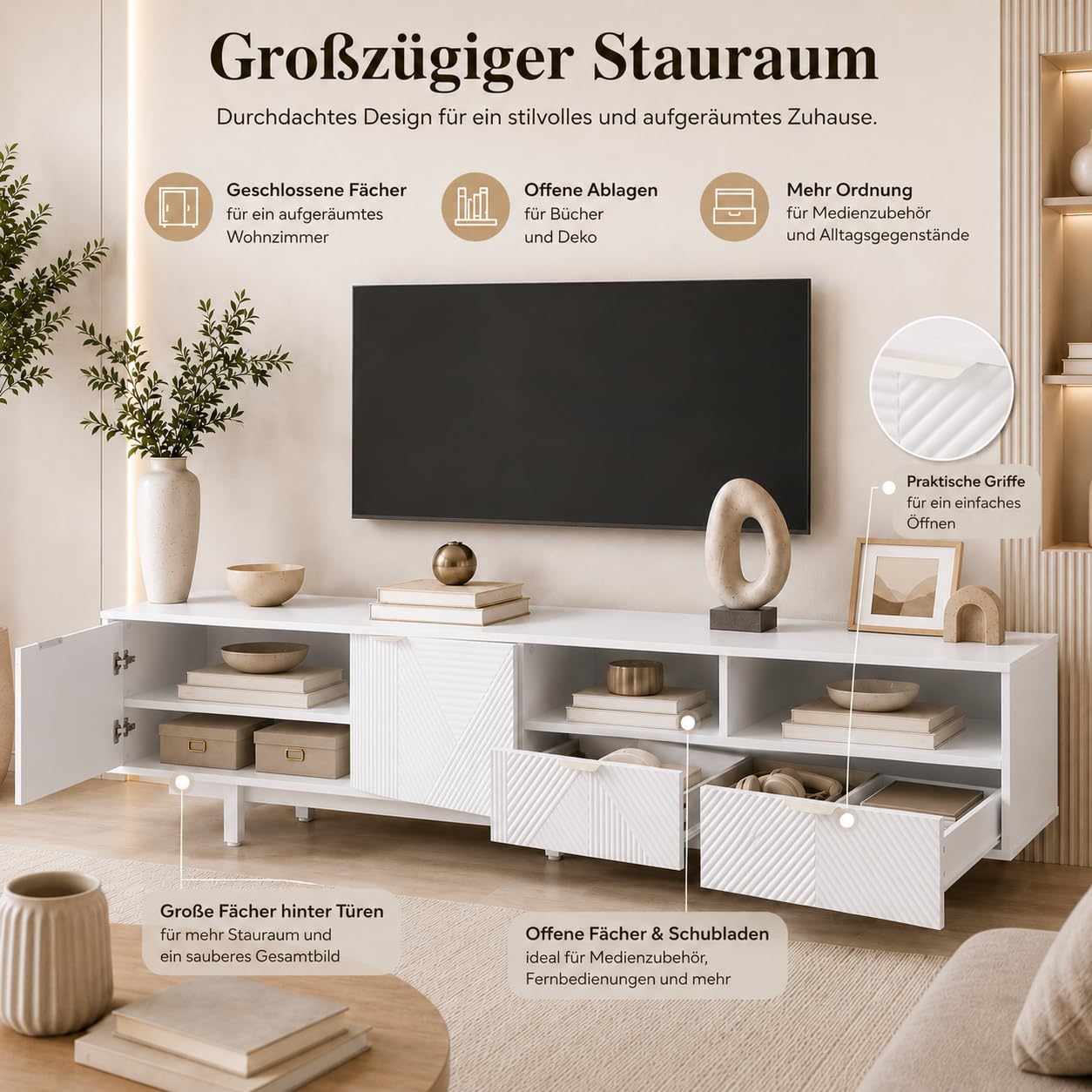 Armario bajo para TV de 200 cm de largo, con 2 puertas y 2 cajones, apto para 90 pulgadas, mesa de televisión con compartimento abierto, armario para salón, dormitorio, 200 x 40 x 51 cm, blanco