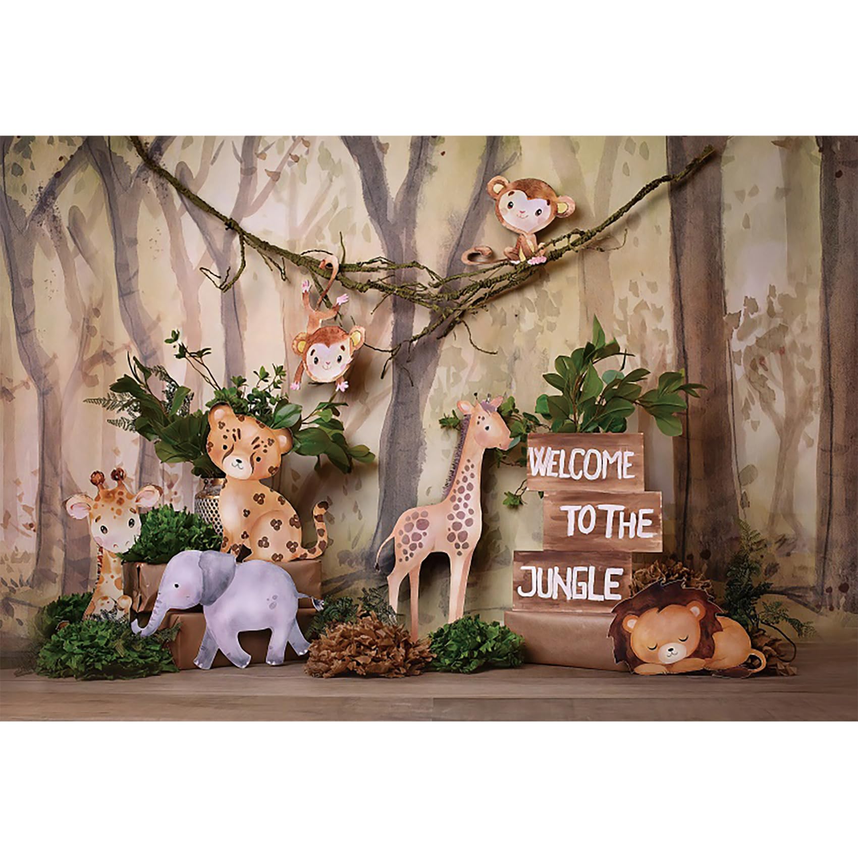 10x6.5ft Welcome to The Jungle Backdrop Safari Animals Wooden Photography Background Cartoon Forest Baby Shower 1st Birthday Decoration Cake Smash