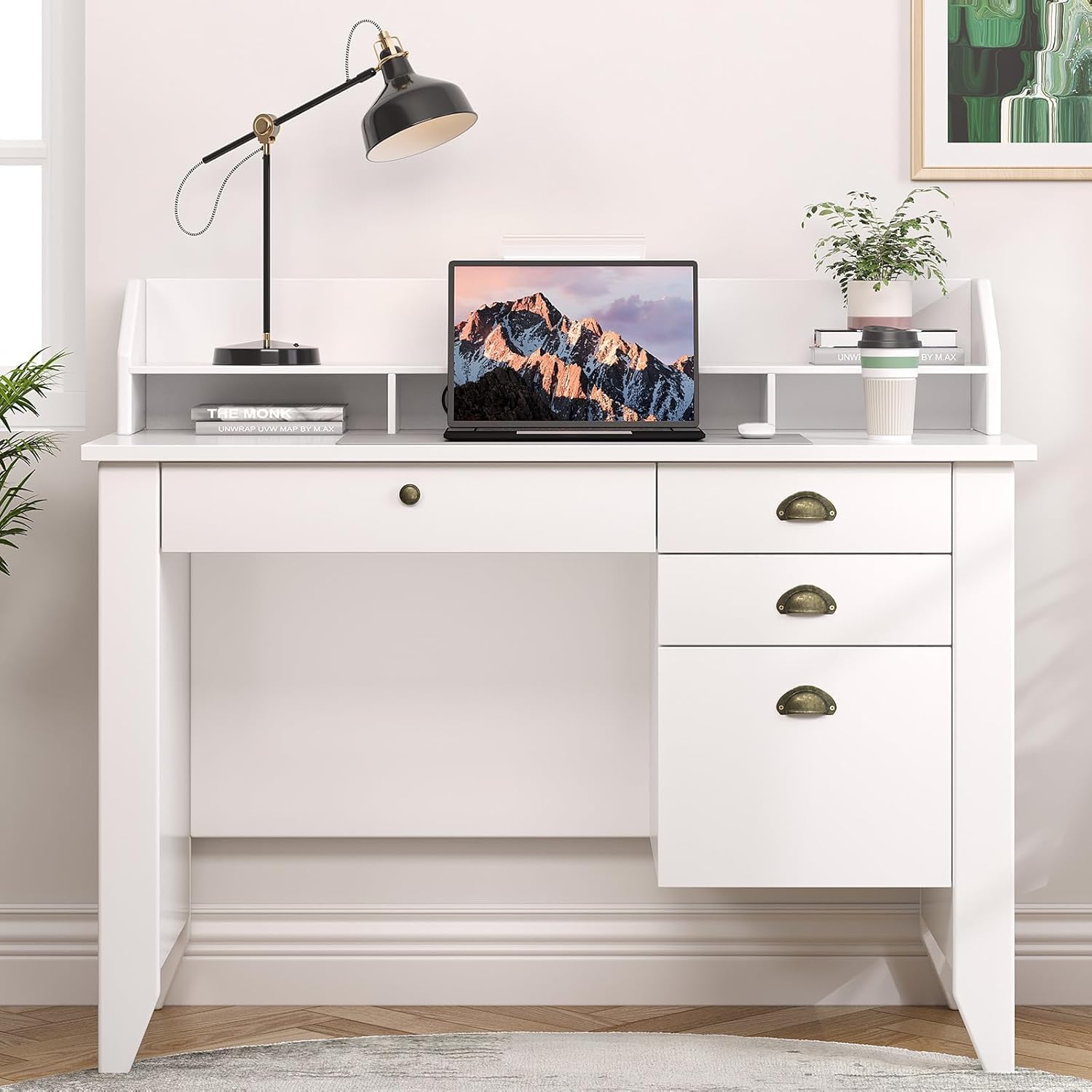 4 EVER WINNER White Desk with Drawers, 47'' Small Desk with File Drawer for Small Spaces, Wood Computer Desk with Monitor Stand for Home Office, Bedroom, White