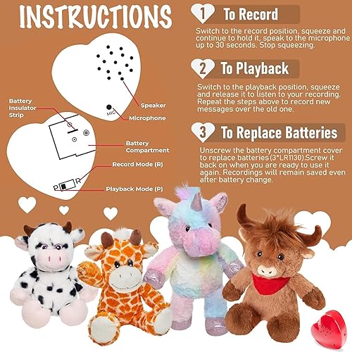 Miniatura 5 de CozyWorld 31.8 cm Animal de peluche de vaca de las Tierras Altas con corazón grabable, suave juguete de peluche, grabadora de voz para mensajes