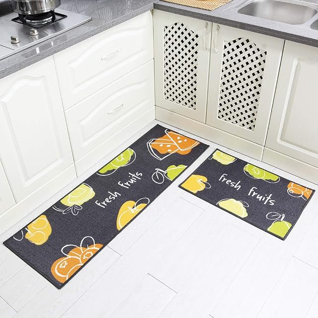 Carvapet 2 Piece Non-Slip Kitchen Mat Rubber Backing Doormat Kitchen Floor Mat Runner Rug Set(Green Fruits)