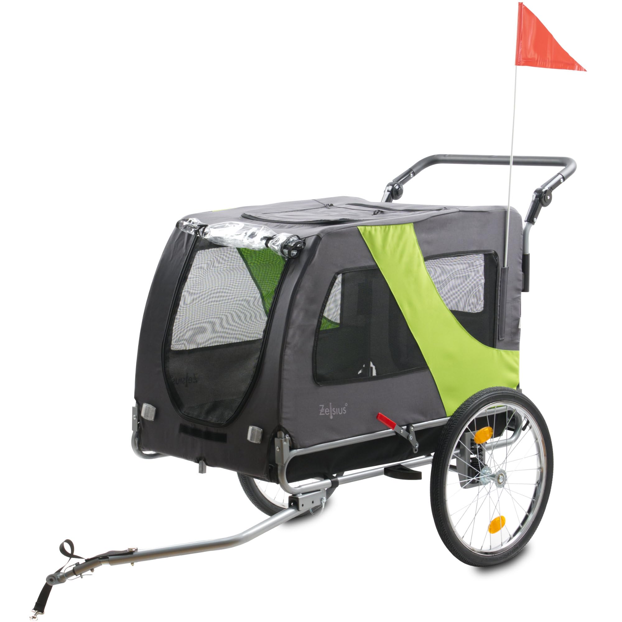 Zelsius 2 w 1 przyczepka rowerowa dla 2 psów, przyczepka rowerowa i wózek dla psów do 60 kg, 334 l, ciemnoszara, neonowa zieleń, wózek dla psów, przyczepka rowerowa, sprzęgł, wózek dla zwierząt