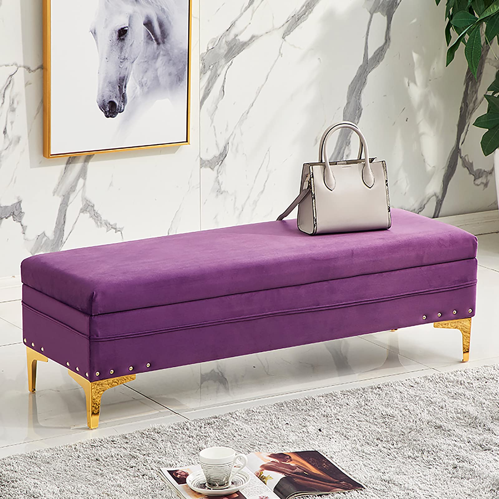 Banc de bout de lit rembourré en velours violet luxueux