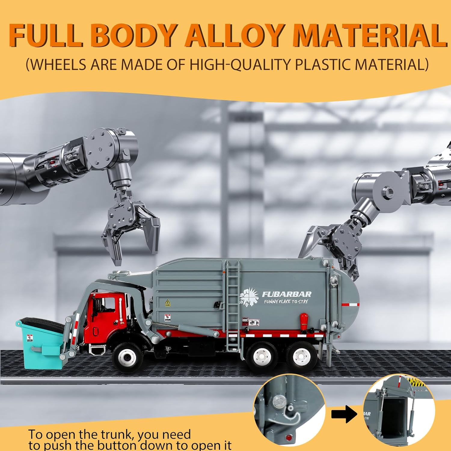FUBARBAR Metal Garbage Truck Toy Model – 1:43 Diecast Recycling Waste Transport Truck with Trash Bin, Pull Back Model Car Toy for Kids Boys 3–6(Grey)