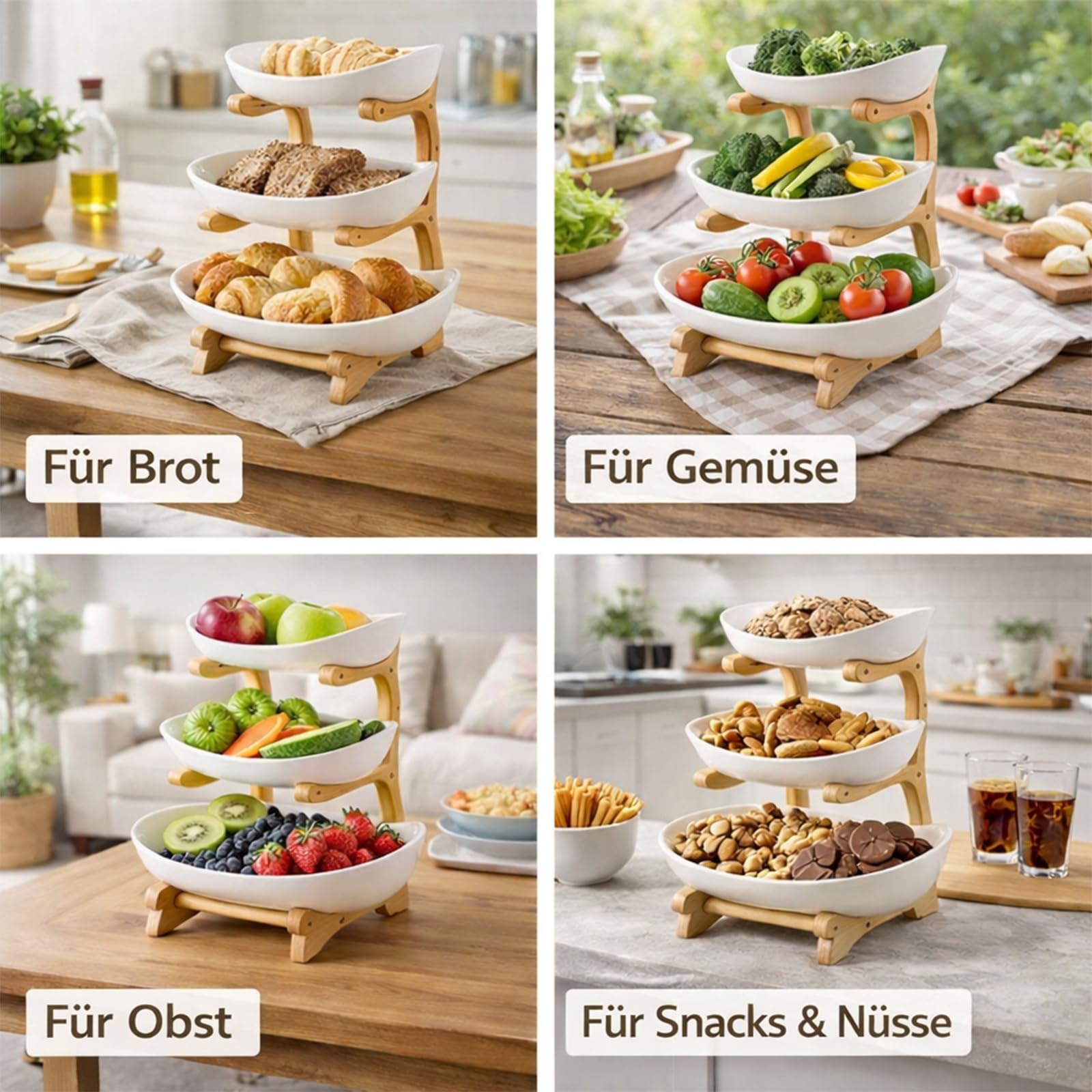 Obst Etagere 3 Stöckig Keramik mit Bambusständer – Etagere Obstschale für Küche & Esstisch, Große Obstständer für Arbeitsplatte, Spülmaschinenfest