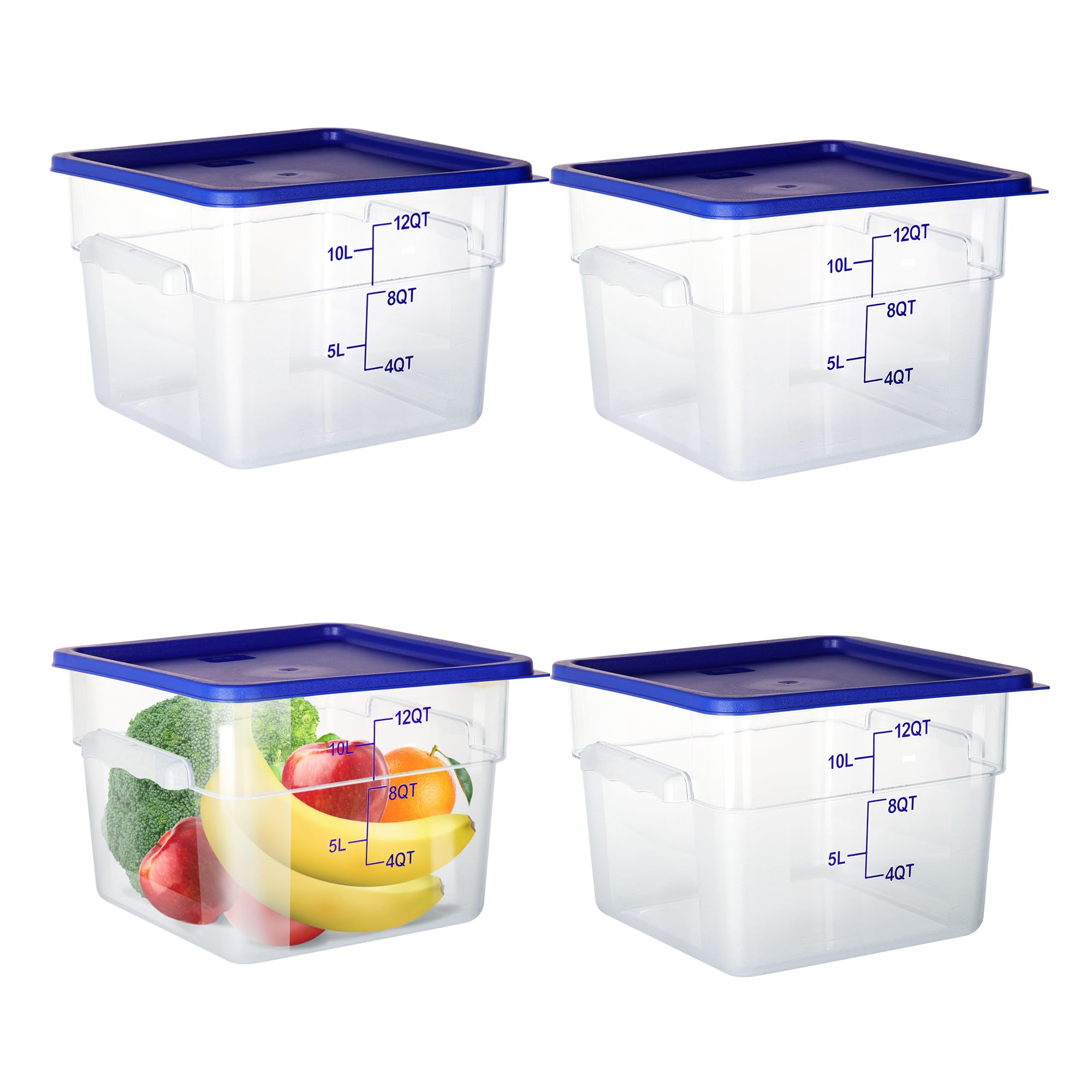 Paquete de 4 recipientes transparentes para almacenamiento de alimentos con tapas y asas, contenedores cuadrados de policarbonato para alimentos, NSF (12 cuartos de galón)