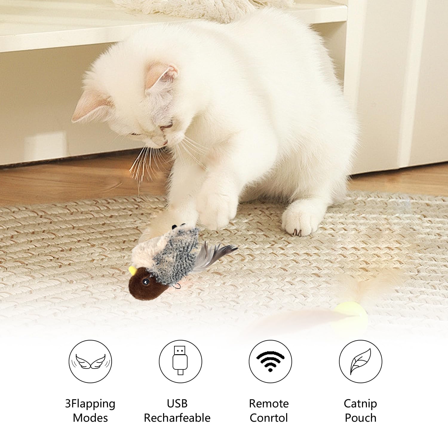 Juguetes para gatos recargables, gorrión, hierba gatera, juguete interactivo para gatos con chirrido, juguete realista activado por tacto para gatos, gatitos, ejercicio (pájaro con control remoto)