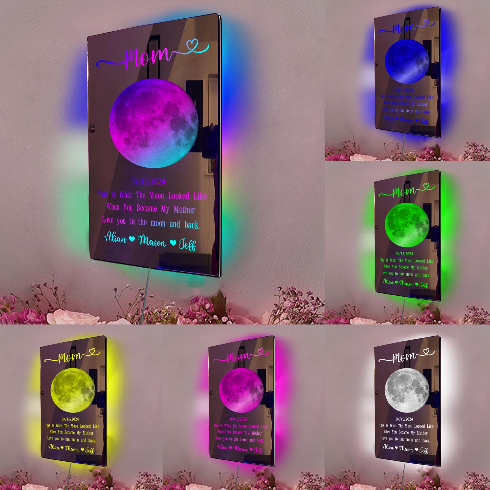 This is What The Moon Looked Like,Personalized Mother's Day Moon Phase Mirror Light,Custom The Day You Becom My Mom Moon Picture Phases Frame, Night We Met Moon Phases Wall Art birthday Gifts