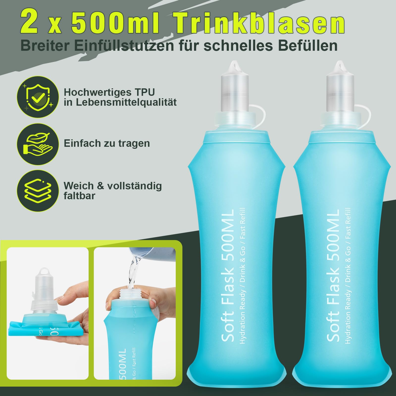 Charmofun Laufweste Damen Herren, Laufrucksack Leicht mit 2 Stück 500ml Softflasche, Verstellbarer Reflektierender Trinkrucksack Laufen für Laufen, Camping, Marathon, Radfahren, Jogging