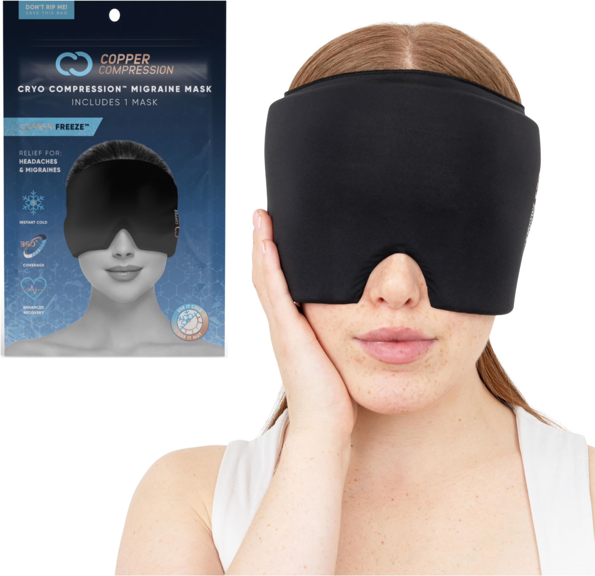 CopperFreeze™ Migraine Relief Mask Cap w/Cryo Gel by Copper Compression - Reusable 360° Ice Pack Band for Headaches - Eases Nausea, Sinus Pressure, Tension - Gift for Women, Men, Moms - One Size