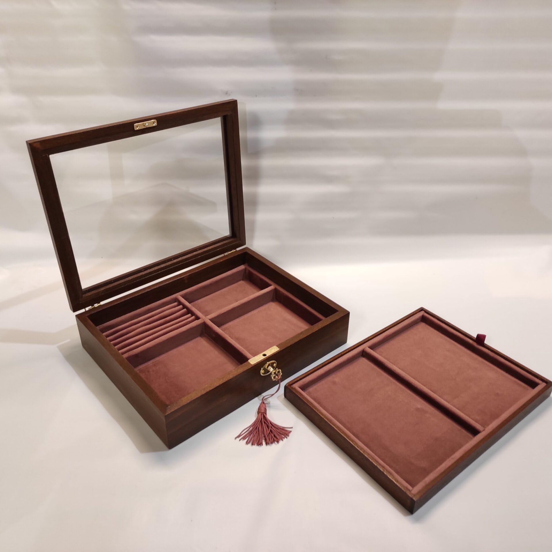Joyero de madera con tapa de cristal, terciopelo interior, bandeja extraíble y portapendientes, personalizable con grabado, hecho a mano en Italia