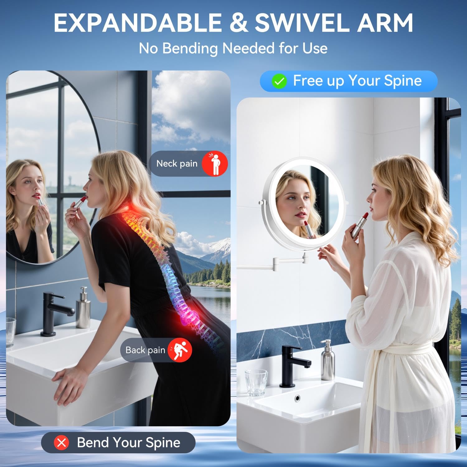 Espejo de maquillaje montado en la pared 1X/30X con luz, espejo de aumento de doble cara de 9 pulgadas, 3 luces de color, espejo de tocador regulable táctil con rotación de extensión de 360°, brazo