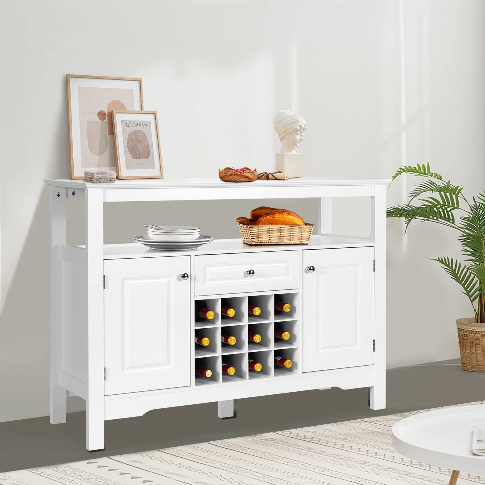 GOPLUS Sideboard mit Weinregal, Küchenschrank mit Offenem Regal, 1 Schublade & 2 Türen, Beistellschrank für Wohnzimmer, Küche & Esszimmer, 117 × 40,5 × 85,5 cm (White)