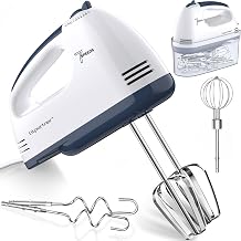LILPARTNER Electric Hand Mixer with Storage Box, Ultra Power Kitchen Hand Mixer With 7-Speed & 5 Stainless Steel Accessories for Whipping Dough, Cream, Cake, Dishwasher Safe, LIGHT WHITE BOX