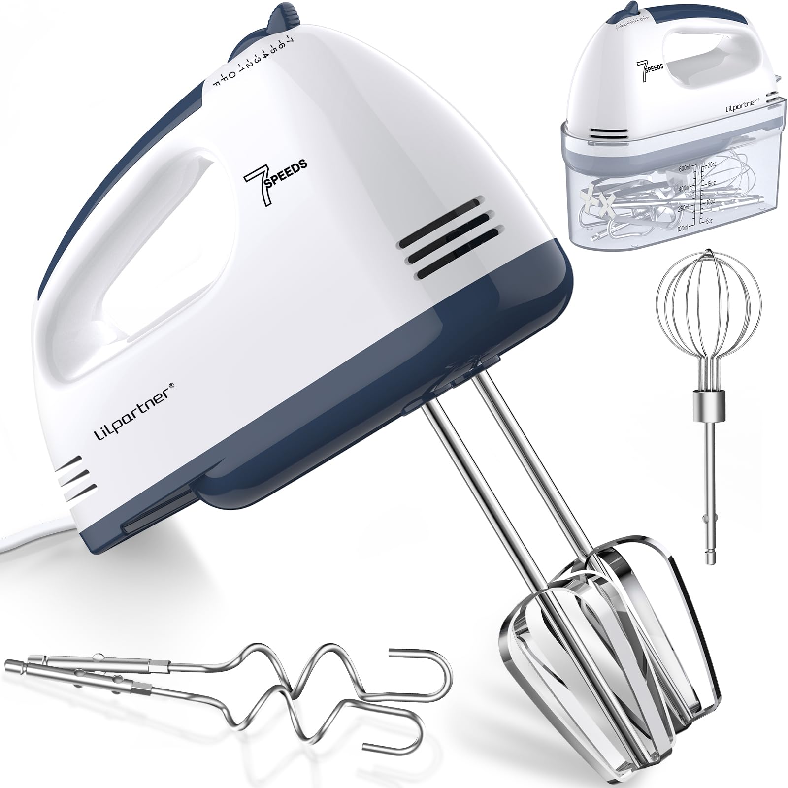 LILPARTNER Electric Hand Mixer with Storage Box, Ultra Power Kitchen Hand Mixer With 7-Speed &amp; 5 Stainless Steel Accessories for Whipping Dough, Cream, Cake, Dishwasher Safe, LIGHT WHITE BOX