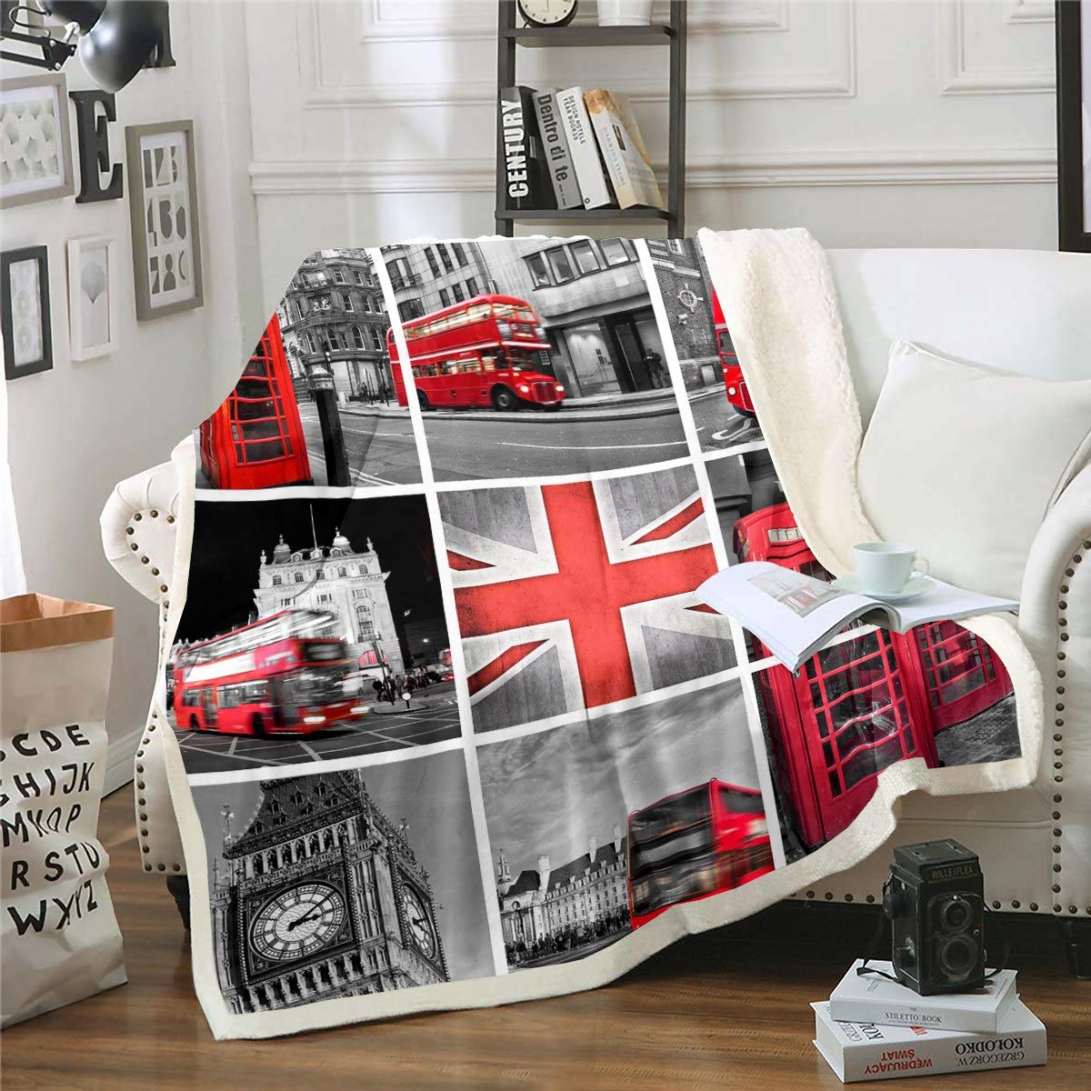 Mädchen Big Ben Wohndecke für Kinder Damen Herren Rot Grau London UK Thema Decke 150x200cm Berühmte Telefonzelle Kuscheldecke Mikrofaser Retro England Bus Flanell Fleecedecke Raumdeko