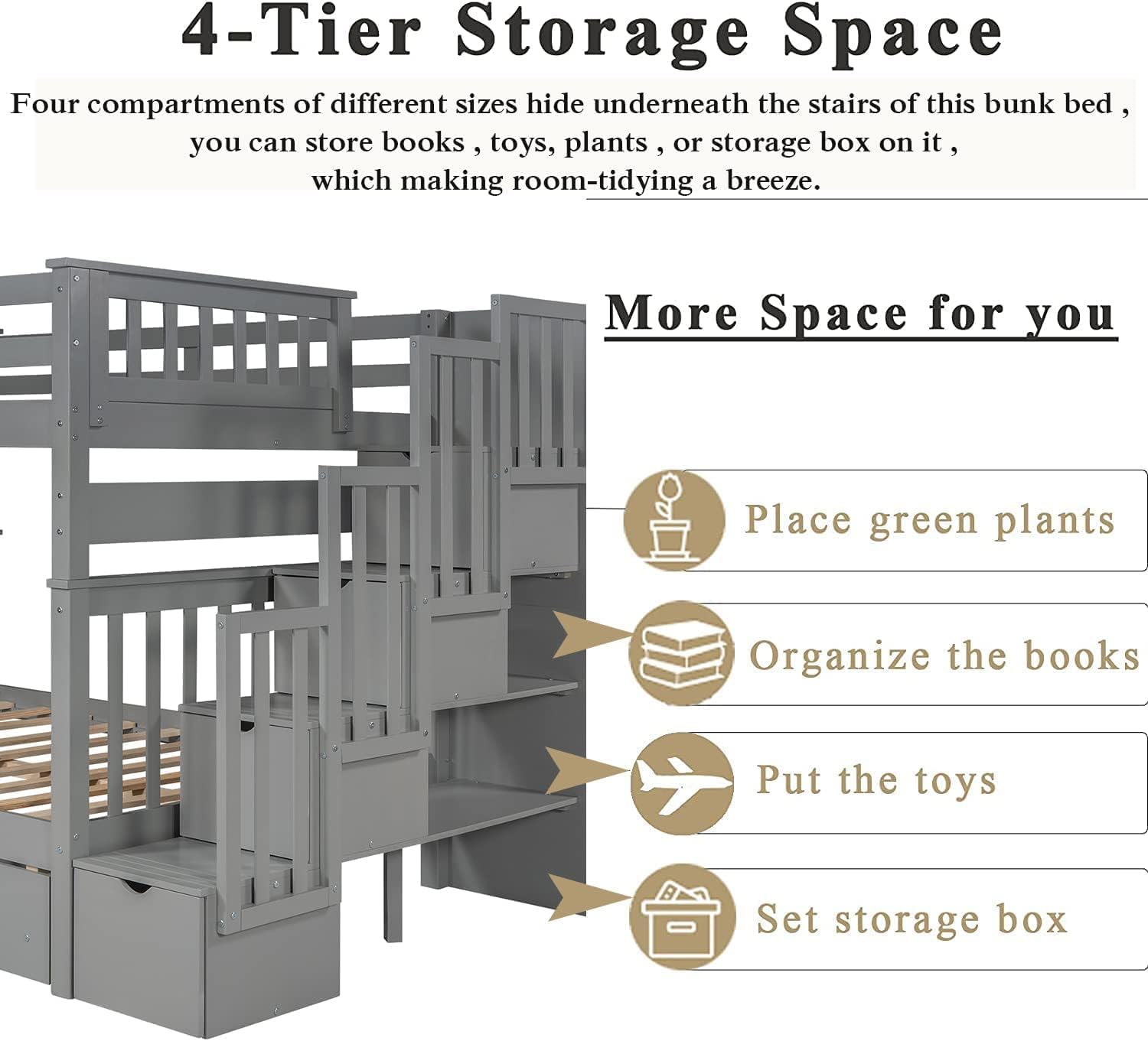 Harper & Bright Designs Full Over Full Bunk Bed with Storage Drawers and Shelves, Kids Bunk Beds with Stairs, Detachable Wooden Bed Frame for Boys & Girls (Grey)