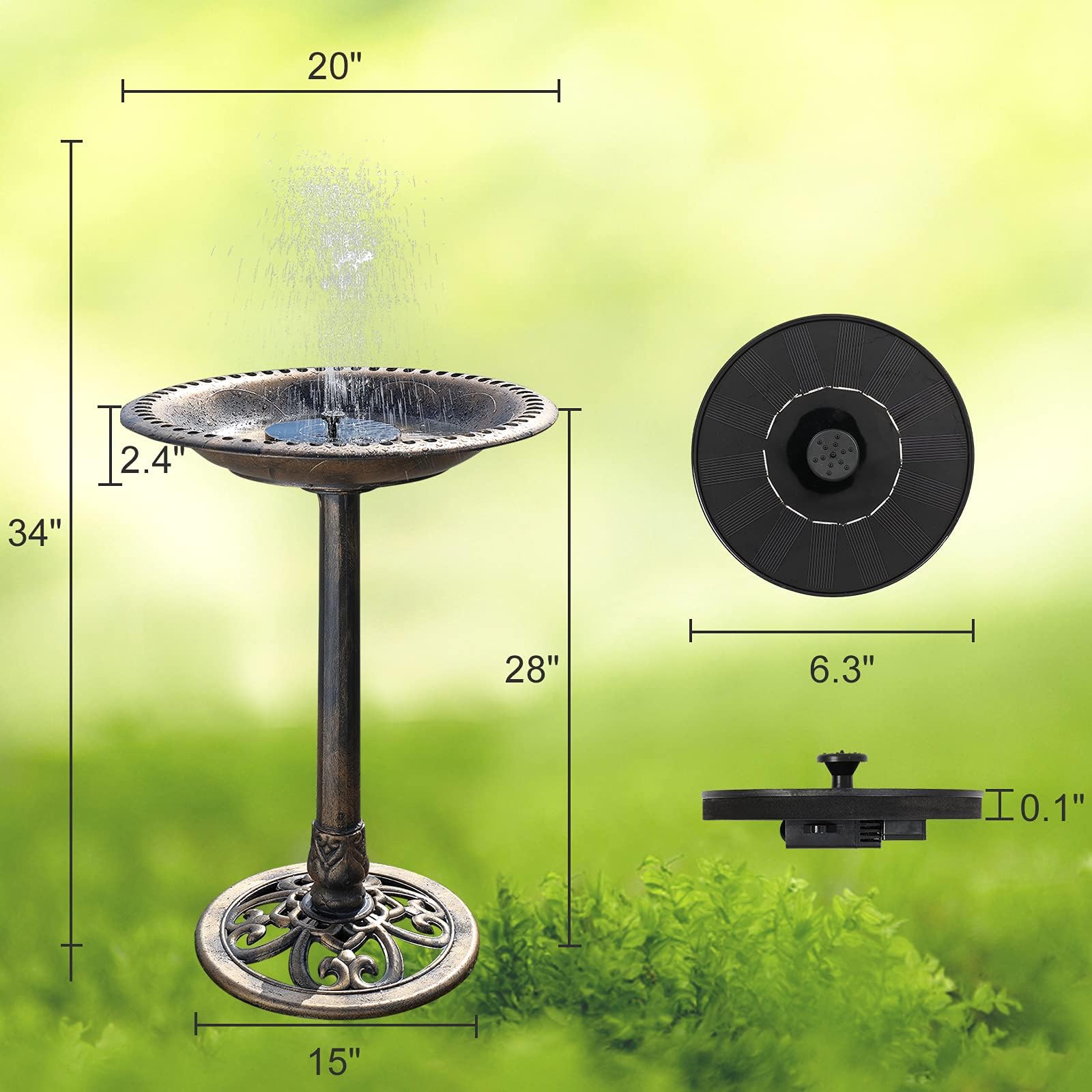 VINGLI 28 Inch Bird Bath with Solar Fountain Antique Copper Weather Resistant Resin Pedestal Birdbaths Floral Accents and Vintage Finish Garden Decor for Outdoor Lightweight Courtyard