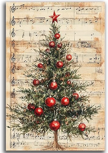 Lienzo decorativo para pared de árbol de Navidad con partituras de villancicos, retro, feliz Navidad, vintage, decoración de pared, lienzo neutro,