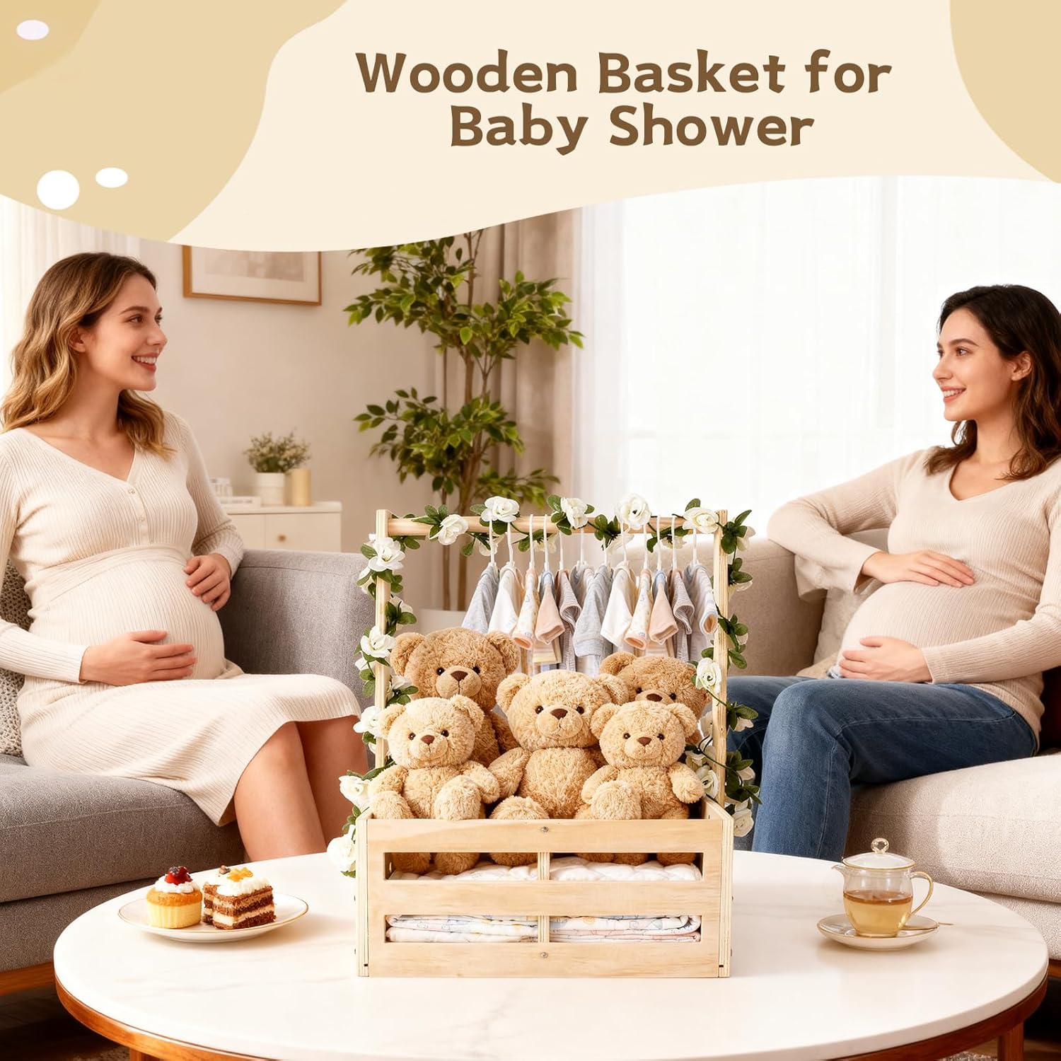 Baby Shower Crate Closet - Wooden Gift Basket with Hangers and Removable Divider, Personalized New Mom Gifts to Welcome Newborn Boys Girls (Natural Wood)