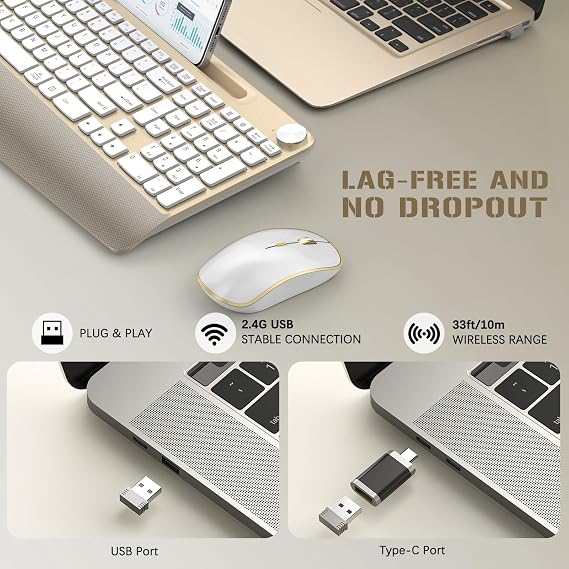 JOYACCESS Ergonomic Wireless Keyboard and Mouse Combo, Full-Sized Keyboard with Wrist Rest and Tablet Holder, Volume Roller for Computer PC Laptop-Gold&White