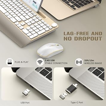 JOYACCESS Ergonomic Wireless Keyboard and Mouse Combo, Full-Sized Keyboard with Wrist Rest and Tablet Holder, Volume Roller for Computer PC Laptop-Gold&White