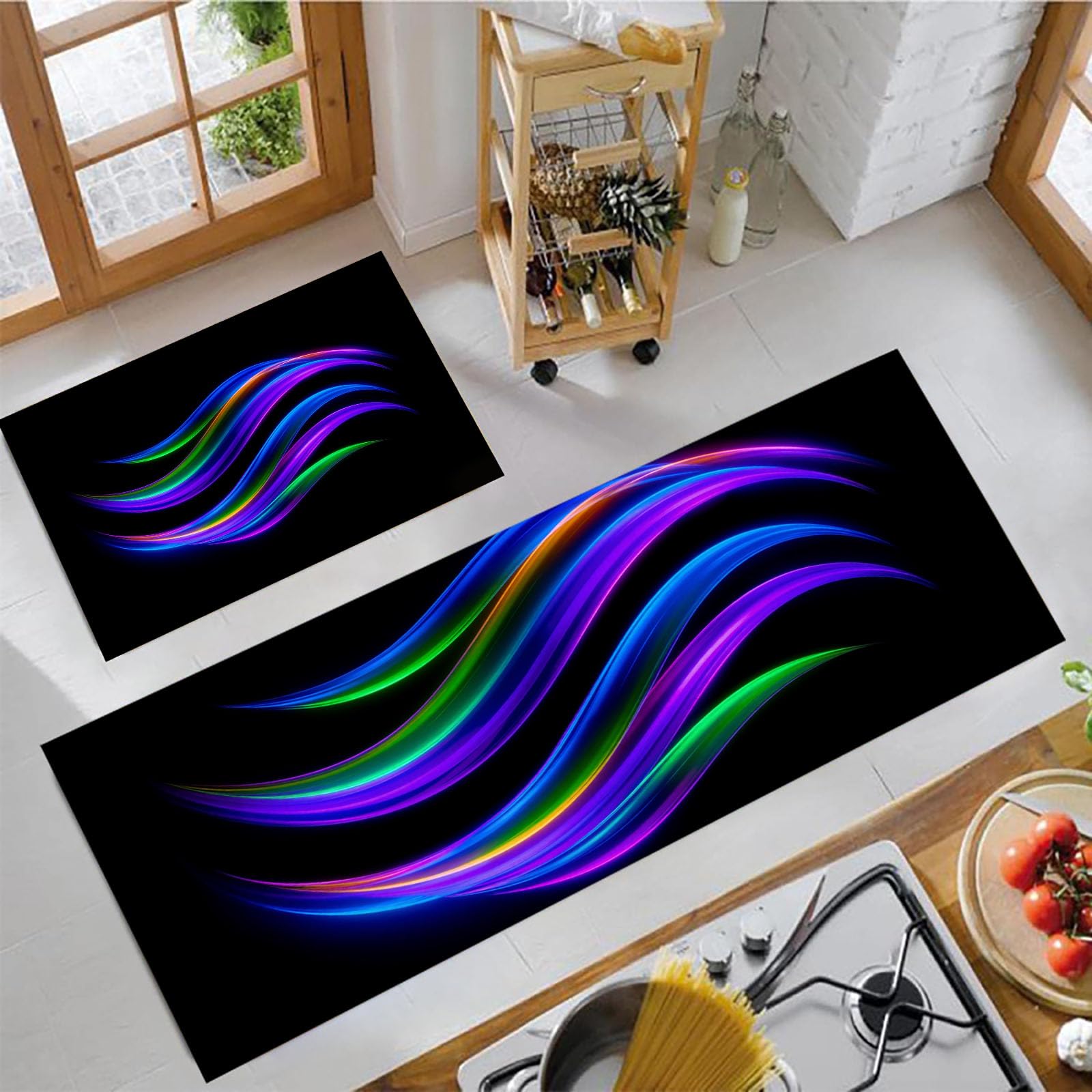 Alfombras de cocina lavables y antifatiga con diseño abstracto neón, set de 2