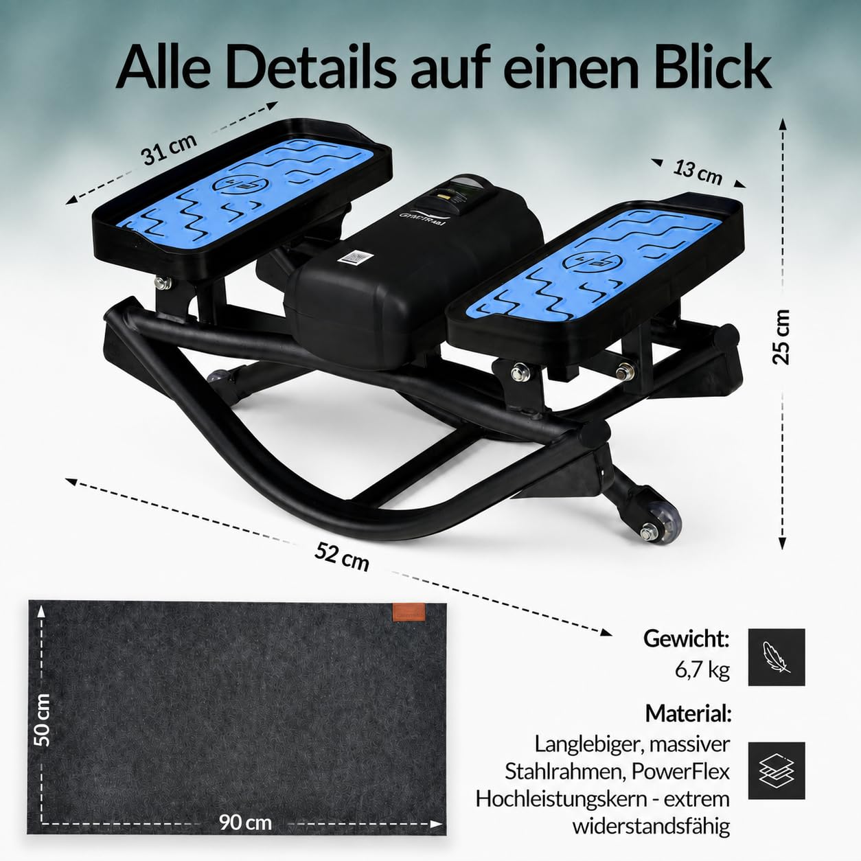 Mini Stepper [Alternative zum Hydraulik-Stepper] – Leiser Stepper für Zuhause mit LCD Display (Gelenkschonend & kompakt) – Für Bauch, Beine, Po, Rücken & Cardio – Stepper Fitness