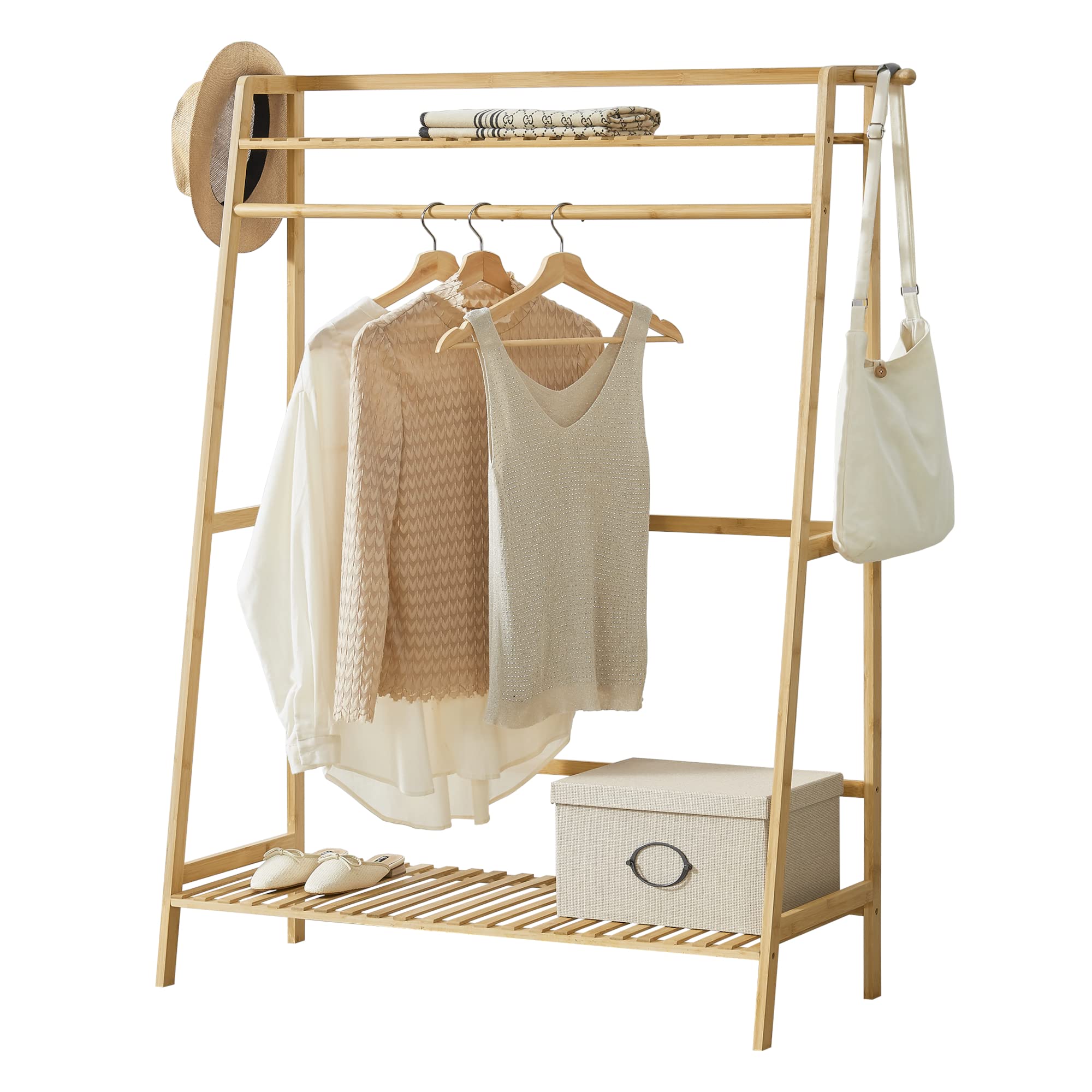 [en.casa] Stand Appendiabiti in bambù (AxLxP) 139 x 100 x 40 cm Organizzatore Guardaroba - Porta Abiti con Barra, 2 Ripiani e 2 Ganci Laterali