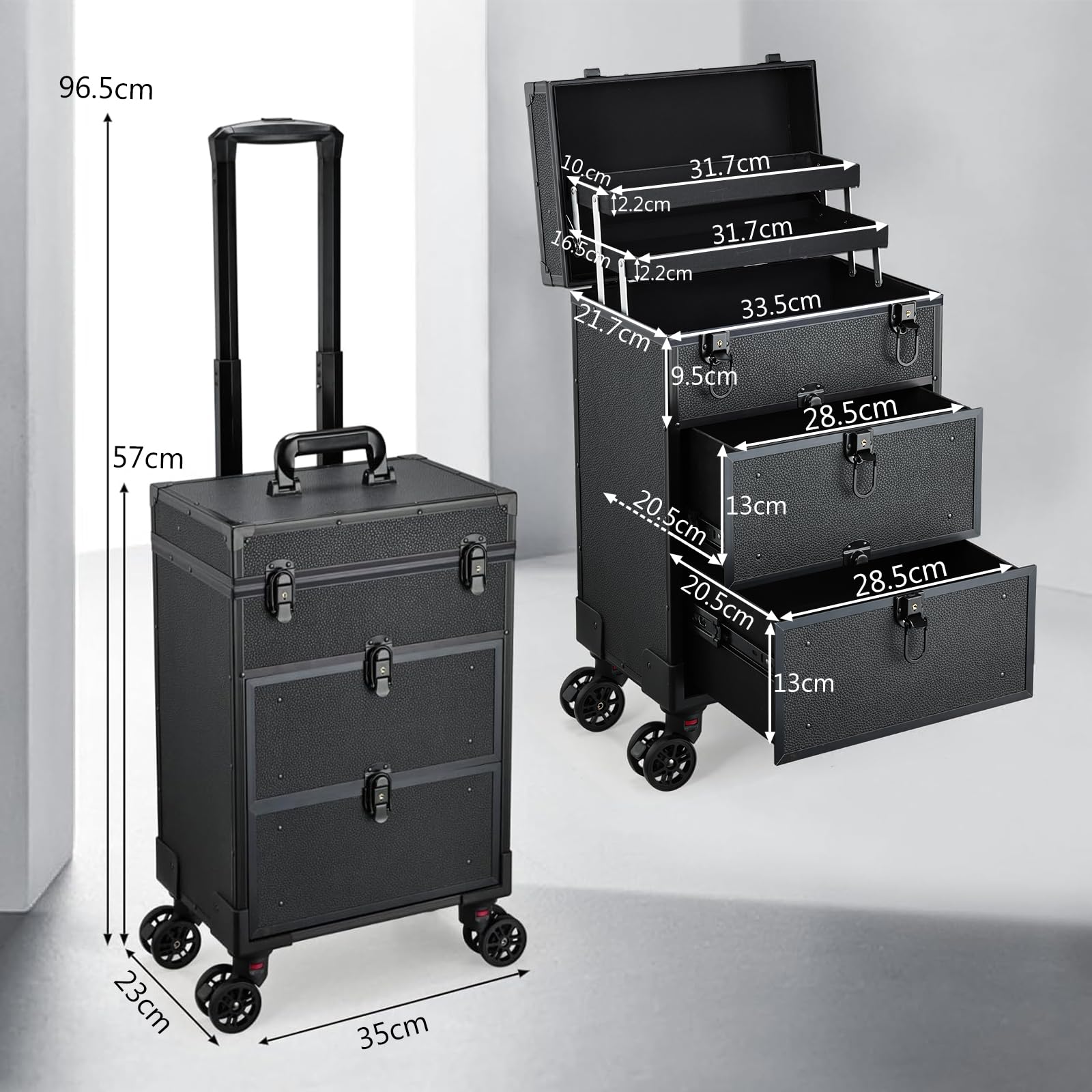 Kosmetikkoffer Kosmetik Trolley mit 2 Schubladen Friseurkoffer Groß Nageldesign Koffer Werkzugkoffer Ngaelkoffer Make up Koffer mit Rollen Schminkkoffer Abschließbarer,Schwarz