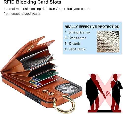 Miniatura 5 de Folosu Funda tipo cartera para iPhone 1212 Pro con soporte para tarjetas, correa de mano para la muñeca, soporte de bucle, bloqueo RFID, anillo de