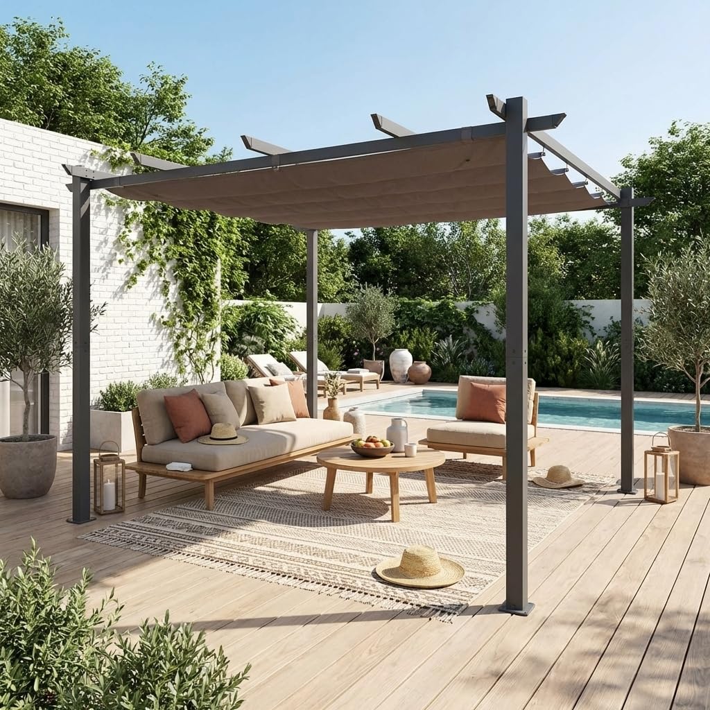 Alice's Garden - Pergola Aluminium - Isla 3x3m - Toile Grise - Tonnelle idéale pour Votre terrasse. Toit rétractable. Toile coulissante. Structure Aluminium