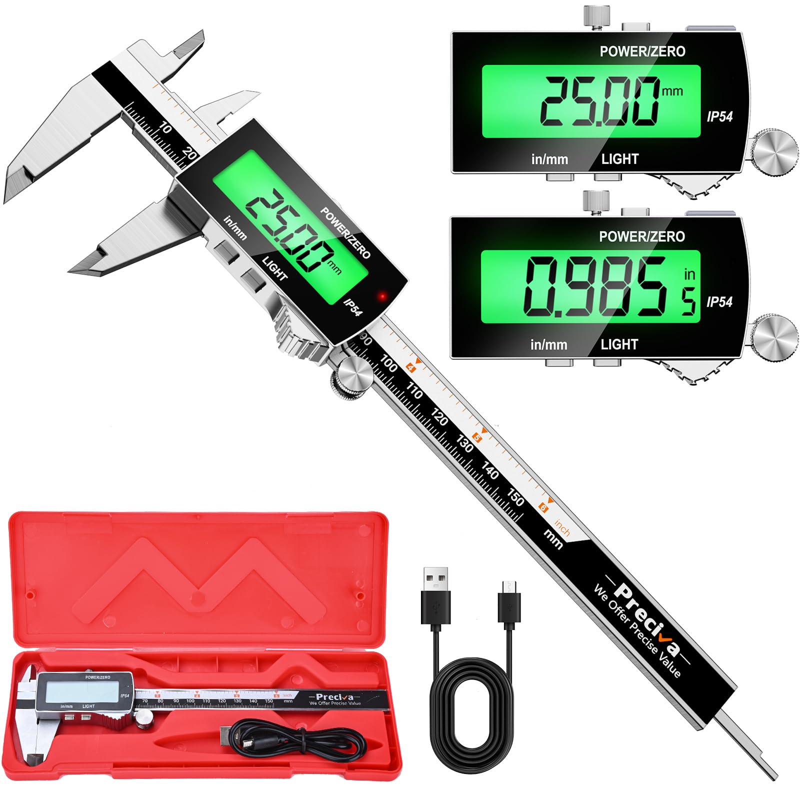 Calibre Digital Recargable Pantalla TáCtil,Calibrador Digital ElectróNico de PrecisióN 150mm/6pulgadas,Pie De Rey Digital De Apagado AutomáTico,Pie de Rey ElectróNico con Pantalla LCD（negro）