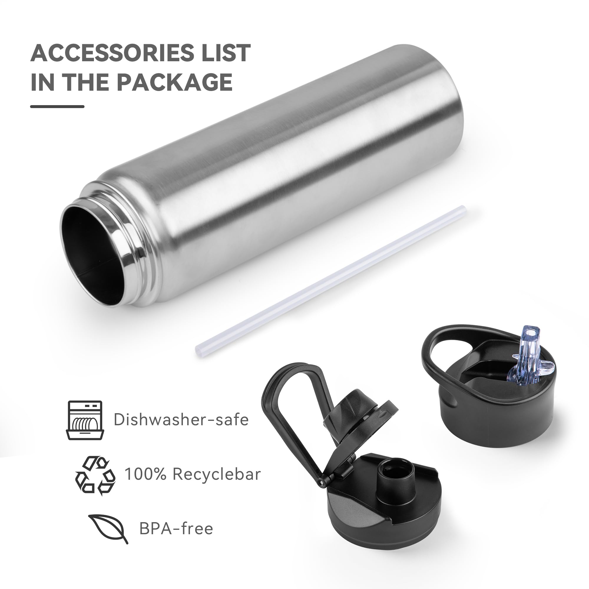UMBFUN Insulated Water Bottle, 750ml 2 Lids (Straw Lid and Spout Lid) - Image 3