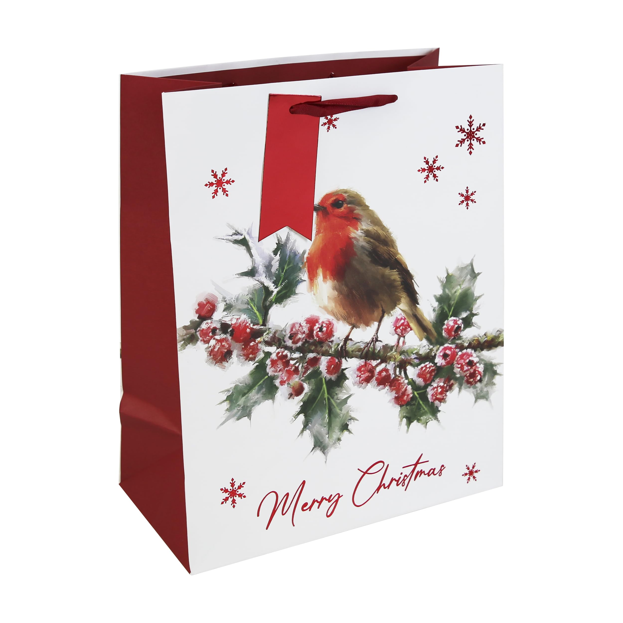 Eurowrap Large Christmas Robin Gift Bag – Festive Holly & Red Berry Watercolour Design with Snowflakes – Red Ribbon Handle – Recyclable Paper Bag for Wrapping Presents