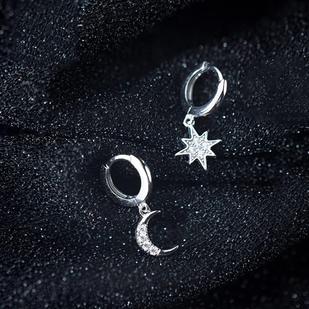 Reffeer Solid 925 Sterling Silver CZ Star Moon Drop Hoop Earrings for Women Teens Crystal Moon Star Hoop Earrings Dangle - Image 3