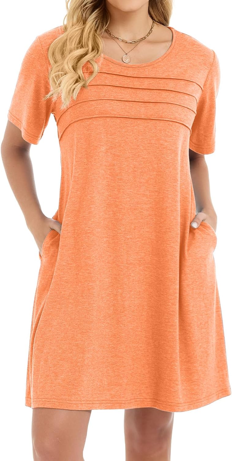 elescat Sundress for Women Casual Loose Summer Short Sleeve Pleated Front Crew Neck T Shirt Dress with Pockets
