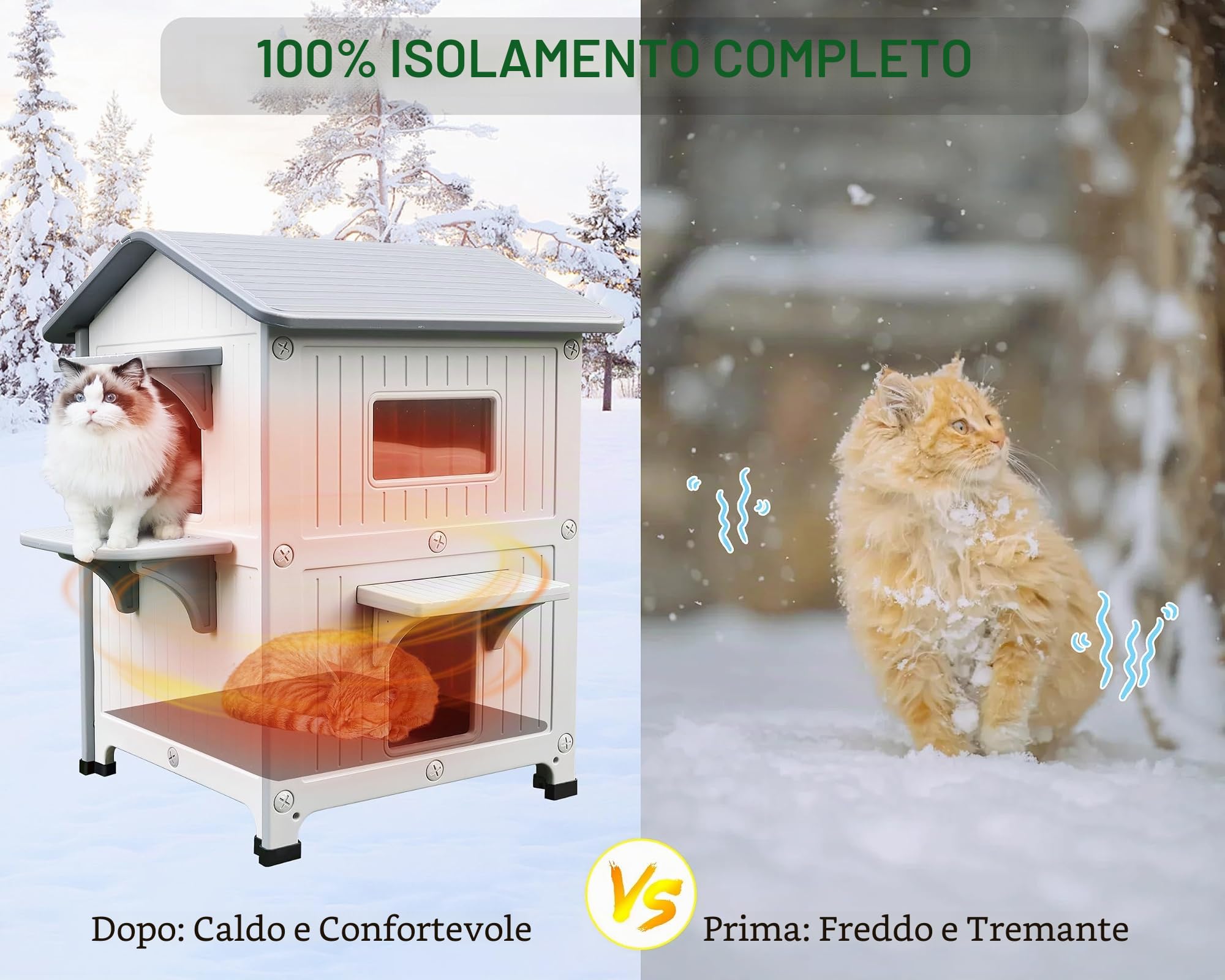 2 pezzi Casetta per gatti all'aperto con rivestimento isolato, case per gatti all'aperto in plastica rifugio per gatti all'aperto resistente alle intemperie con porta di fuga
