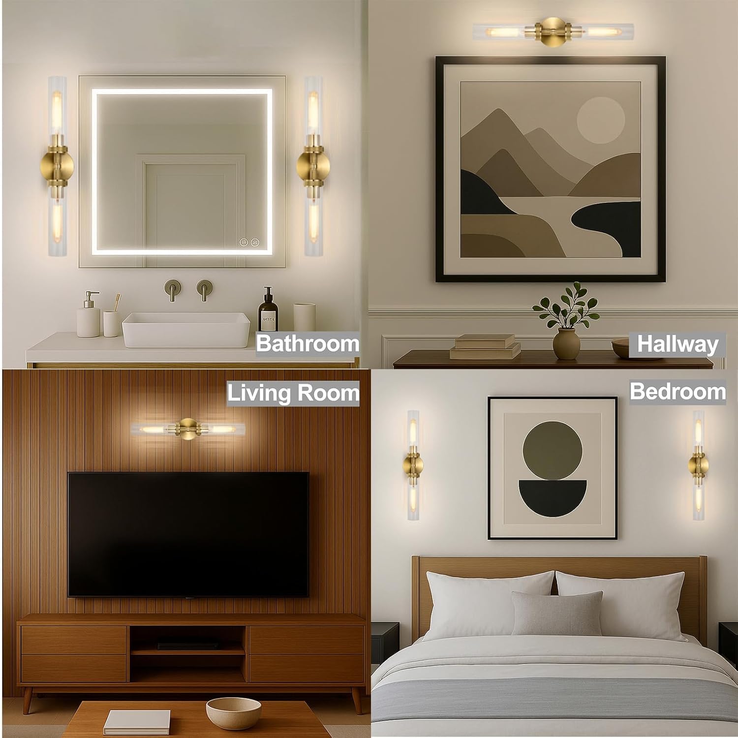 LaLuLa 2-Light Gold Bathroom Vanity Light Fixtures 2-Pack – Hardwired Wall Sconces with Rippled Glass Shades and Textured Metal Frame, Modern Vanity Lighting for Mirror, Bedroom, or Hallway, 25”