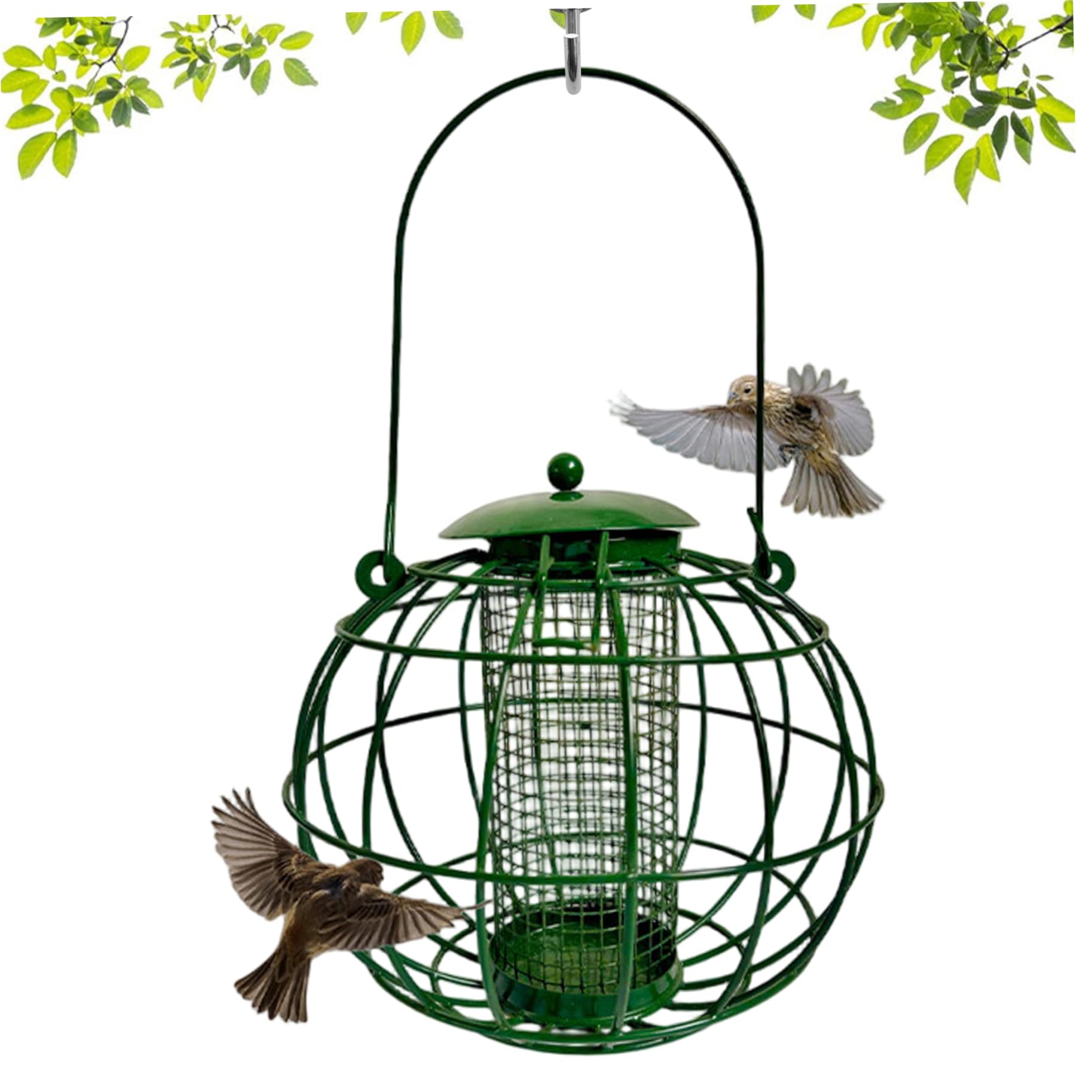 Mangeoire oiseaux extérieure suspendue résistante aux intempéries avec cage en métal vert