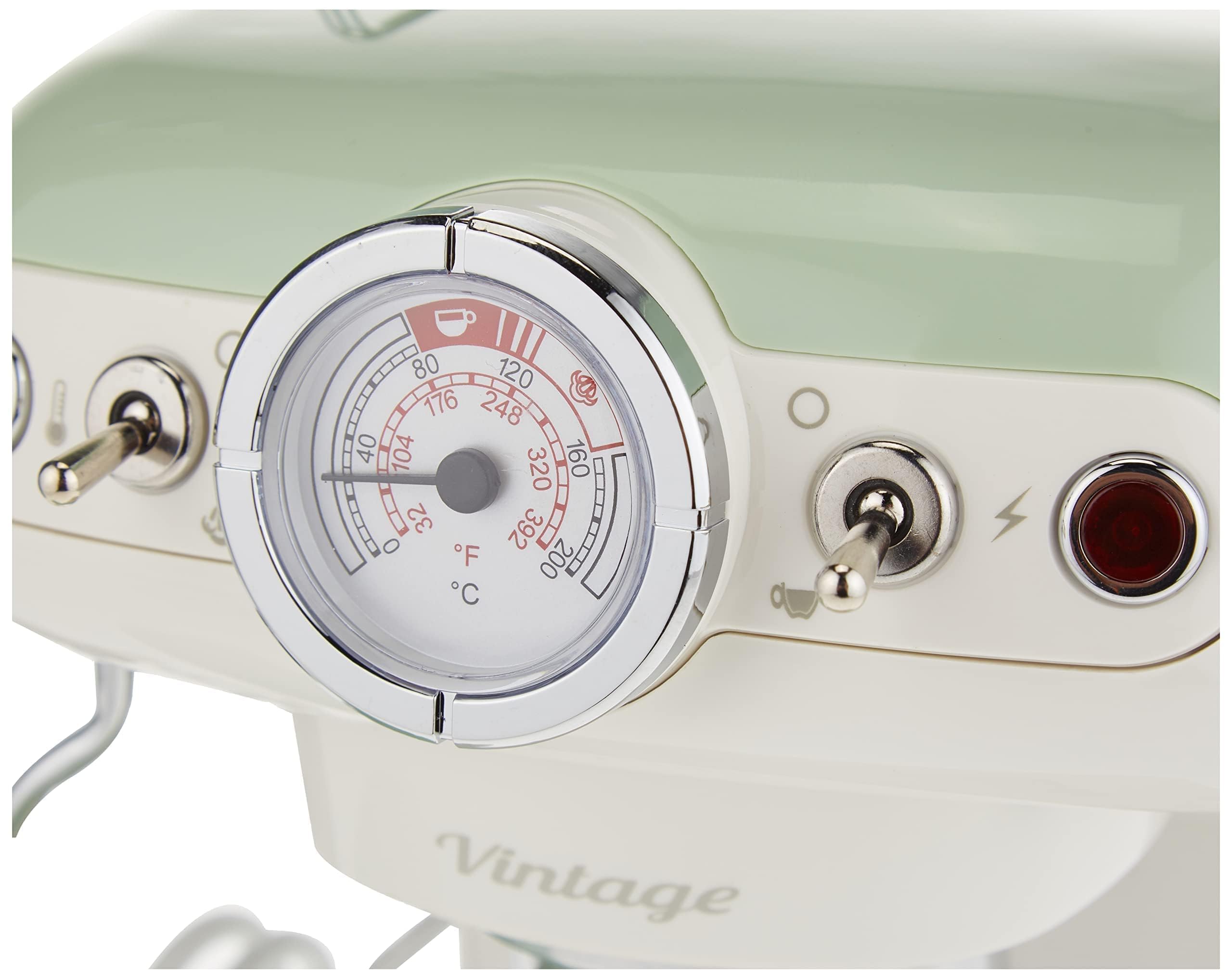 Ariete Espresso Vintage 1389, Machine à Café Expresso Pour Poudre Ou Dosette Ese, 1 Et 2 Tasses, Buse Cappuccino, Support de Tasse en Acier Inoxydable, 15 Bars, 850W, Vert