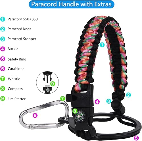 Miniatura 9 de Wongeto Mango de paracaídas, correa de supervivencia con anillo de seguridad y mosquetón, compatible con botellas de agua de boca ancha Hydro Flask