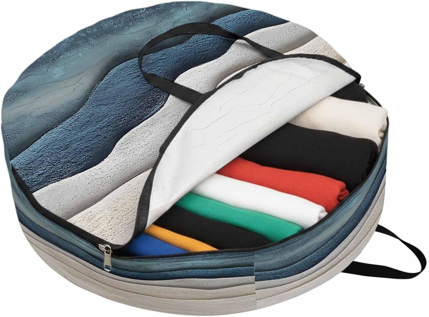 Abstract Waves Beach Art Round Storage Bag 36 Inch, Blue Beige Oil Painting Style Clothes Storage Container with Handles Heavy Duty Organizer for Comforter, Bedding & Holiday Wreaths
