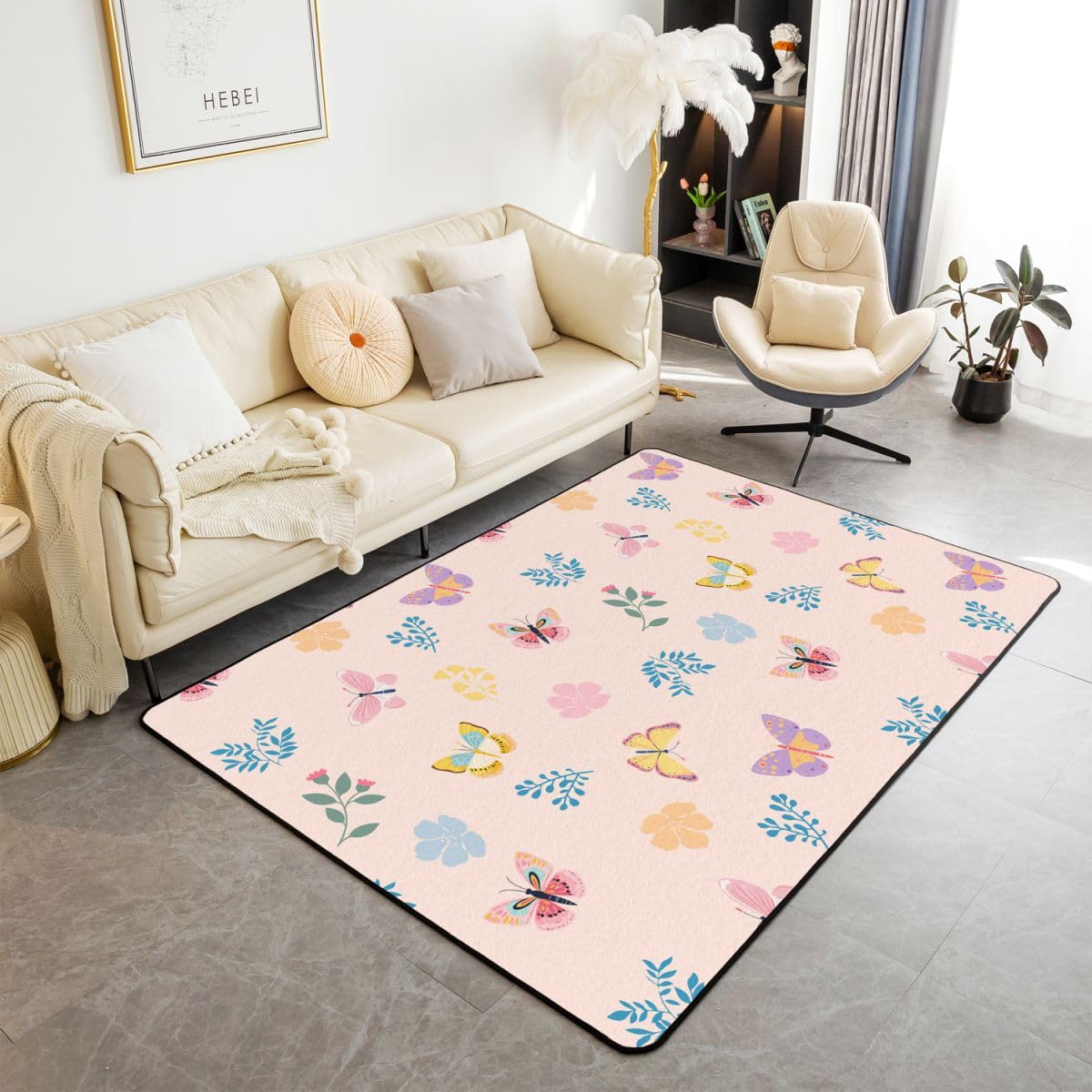 Homewish grazioso tappeto a farfalla 150 x 200 cm per camera da letto - tappeti floreali primaverili soggiorno fiori botanici non spargimento tappeto rosa decorazioni farfalla grande tappeto