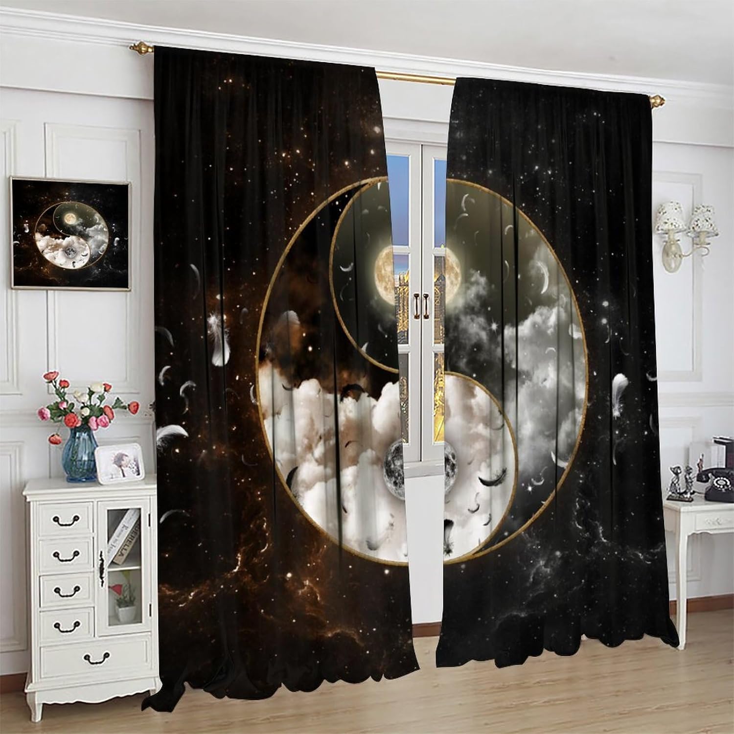 Fantasy Galaxy Yin Yang Blackout Curtains for Bedroom, Cool Japanese Anime Style Full Moon Feather Rod Pocket Thermal Insulated Room Darkening Curtains Bedroom Curtains 2 Panels 63" L x 36" W