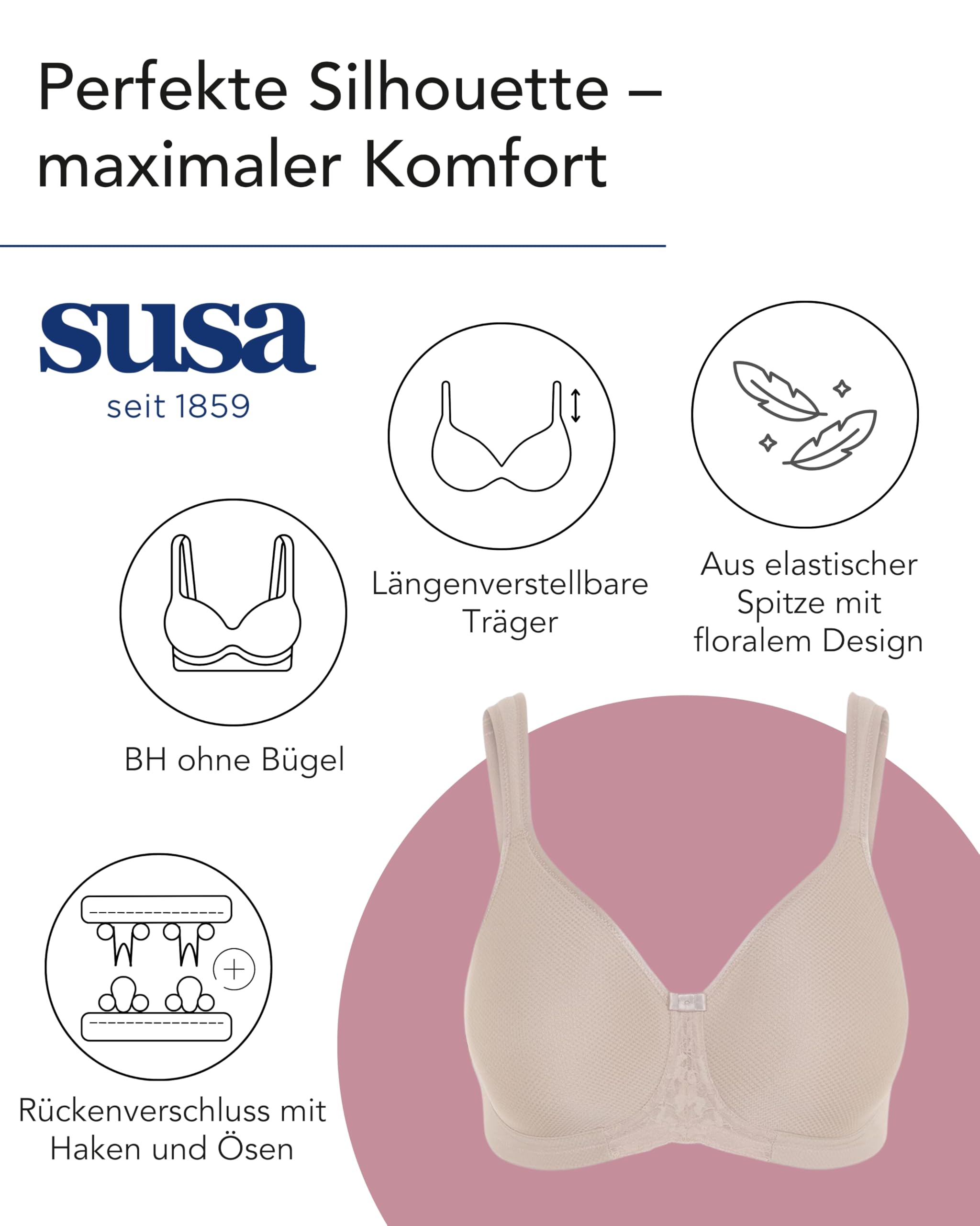 Susa Damen BH Damen Ohne Bügel Porto I Damen-BHS mit Vorgeformten Spacer Cups aus luftdurchlässigem Jacquard Material I Verstellbarer Komforträger, optimale Passform