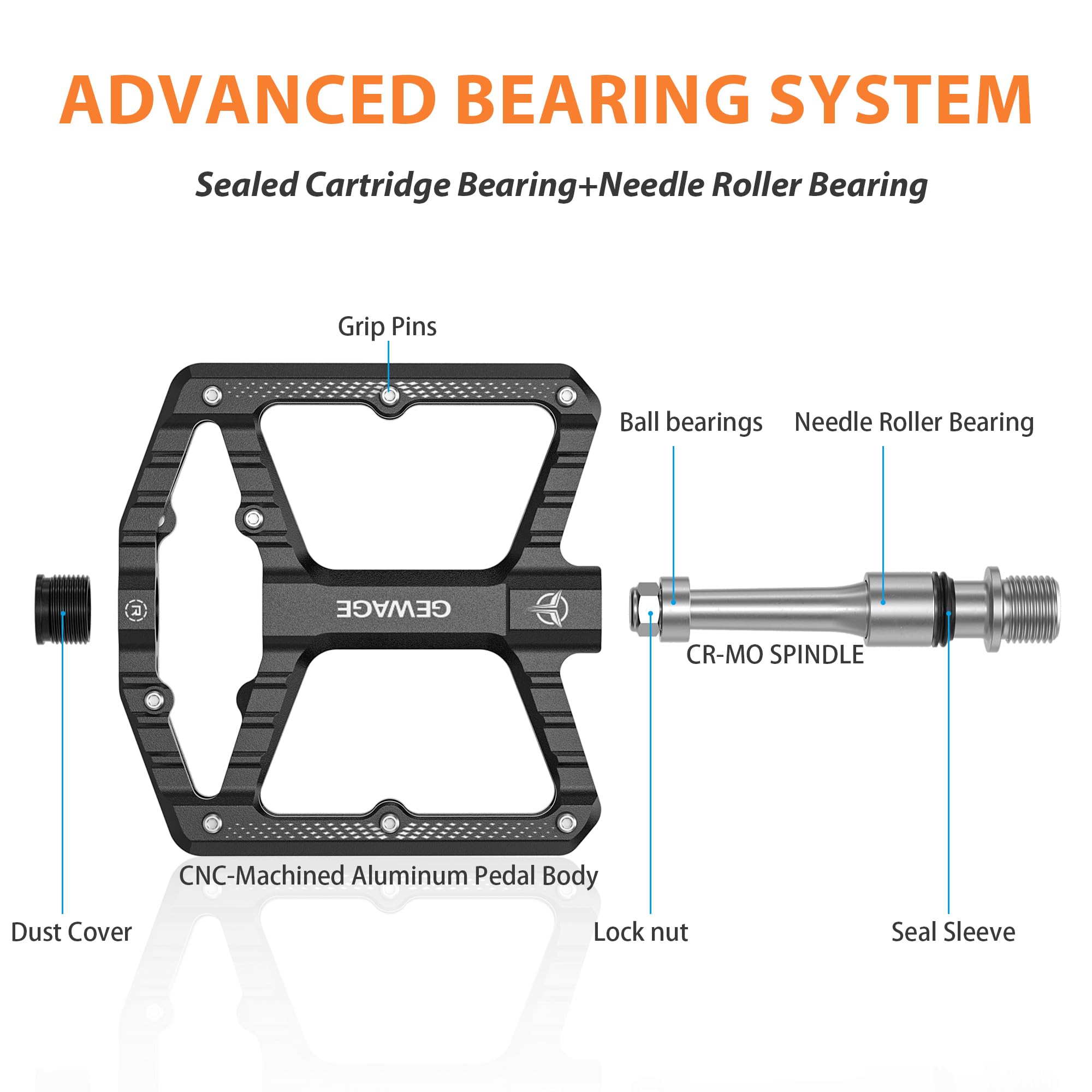 GEWAGE Pédales VTT – Aluminium Usiné CNC, Grande Surface, 16